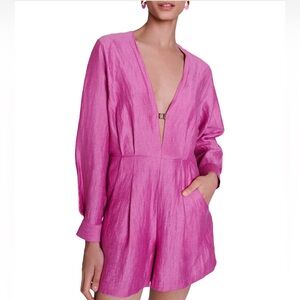 Maje Iroly Linen Blend Long Sleeve Romper In Pink NWT
